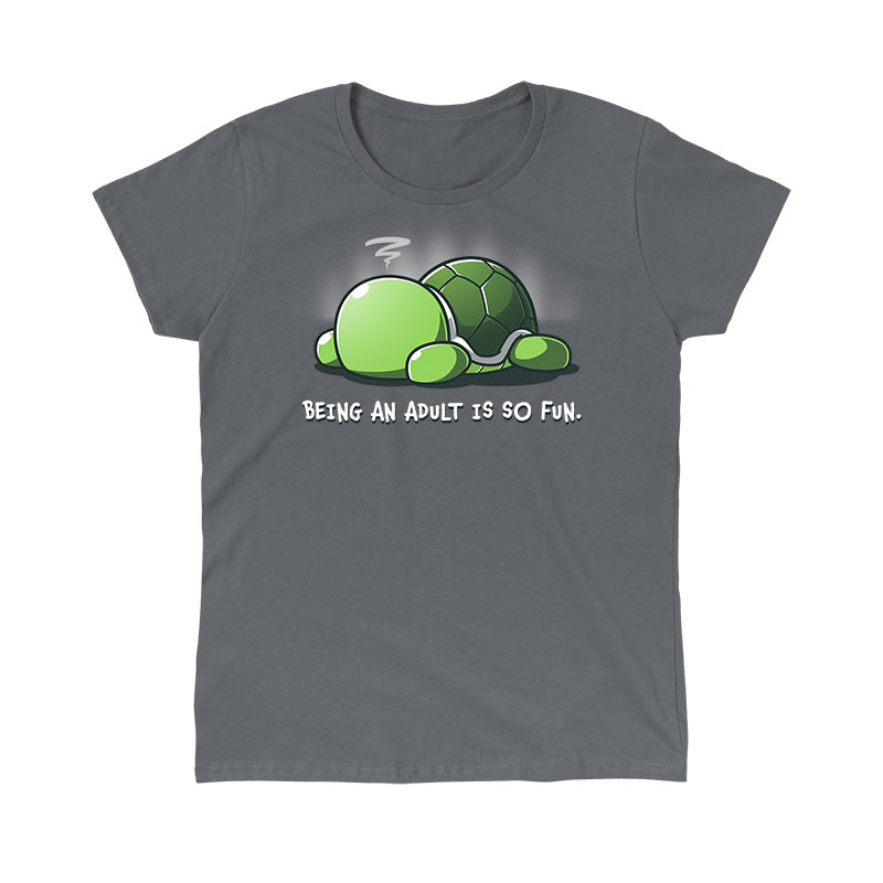 Classic Cotton T-shirt_TeeTurtle Being an Adult is So Fun Charcoal Gray t-shirt featuring a cartoon turtle lying face down with a stressed expression, accompanied by the text "Being an adult is so fun."