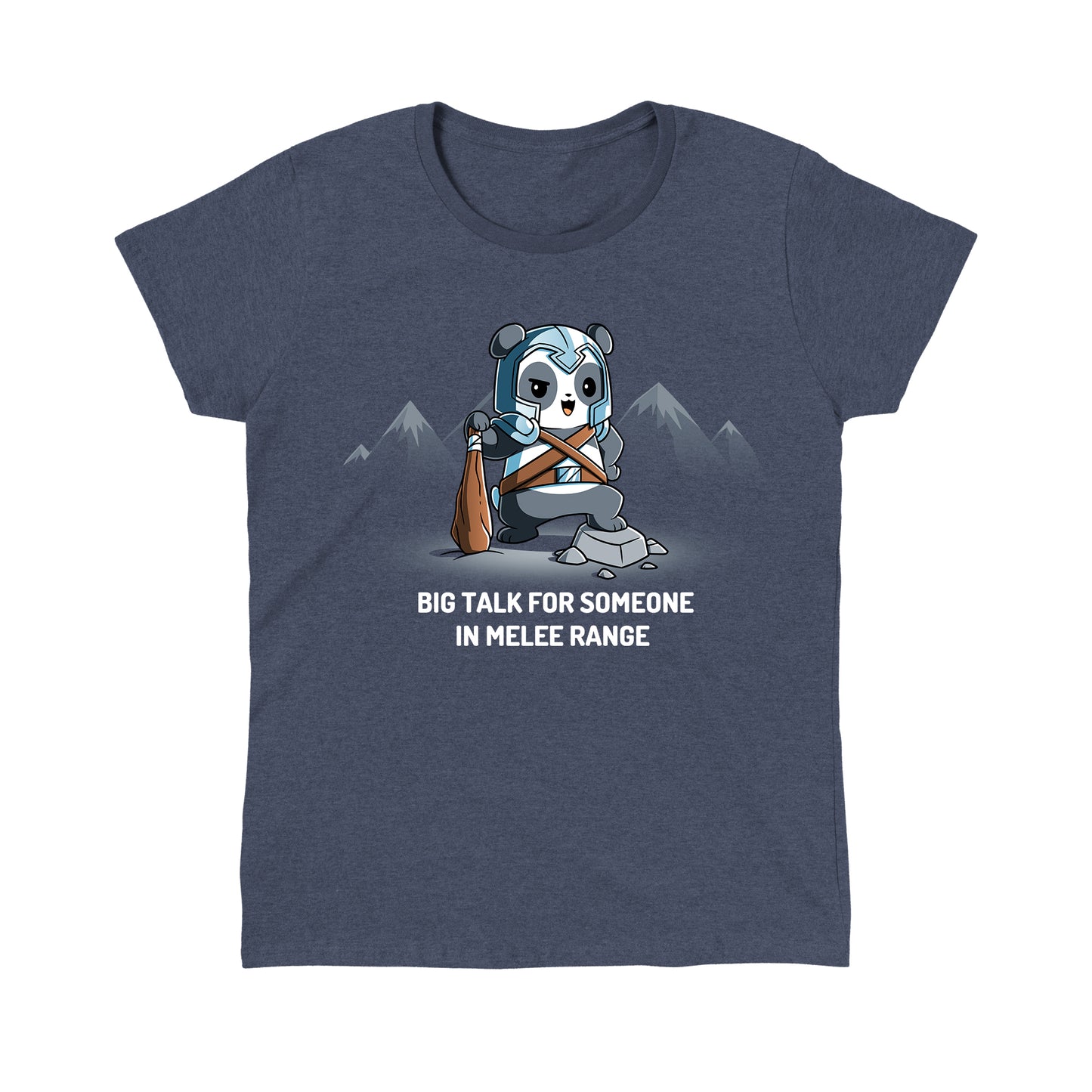 Classic Cotton T-shirt_TeeTurtle Big Talk For Someone In Melee Range heather navy t-shirt featuring a panda dressed in armor, striking a pose and holding a wooden club.