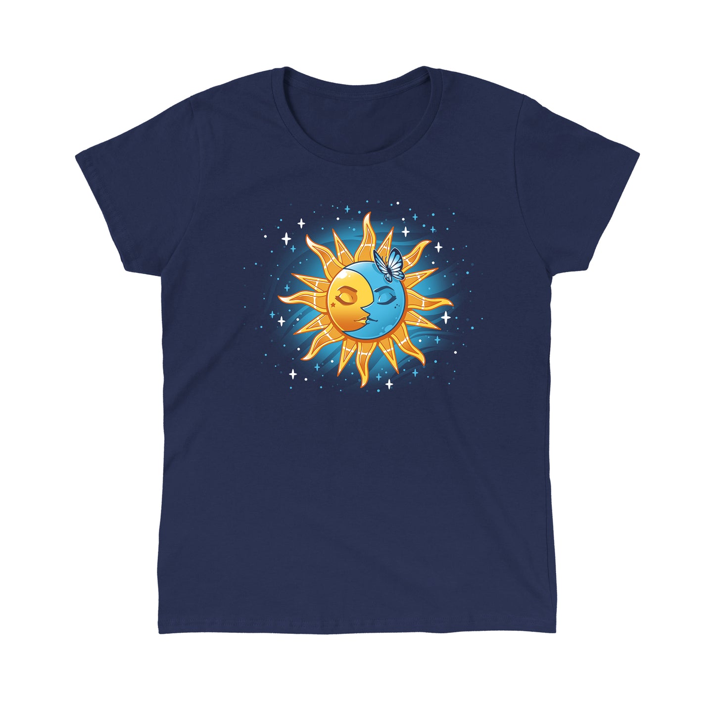 Classic Cotton T-shirt_TeeTurtle Celestial Duo navy blue t-shirt featuring a sun and moon surrounded by stars.