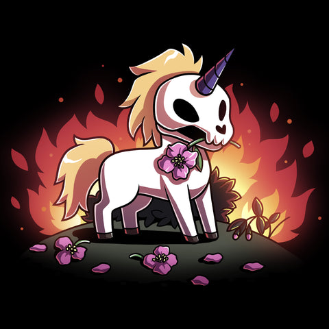 square-image-grid-Long Sleeve T-shirt_TeeTurtle black Chaotic Good apparel featuring a skull unicorn holding a pink flower in its mouth with dead flowers at its feet and fire in the background.
