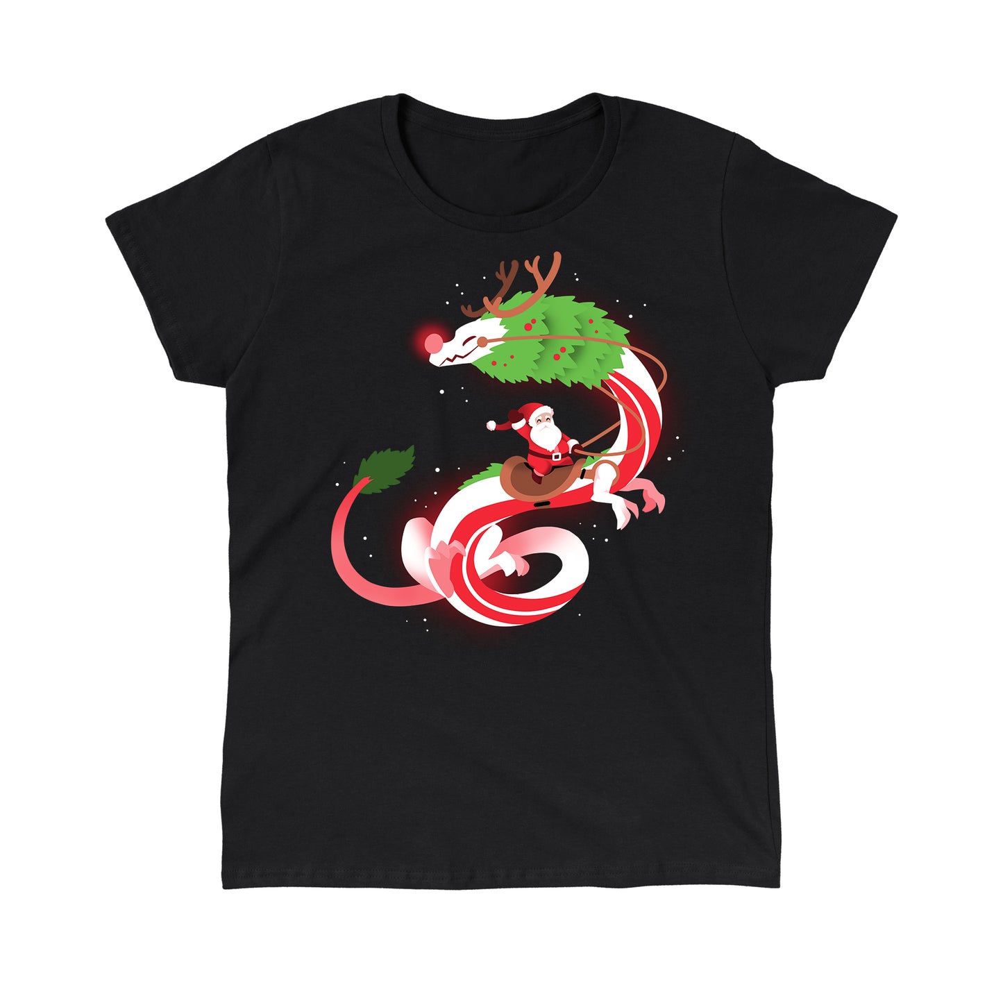 Classic Cotton T-shirt_TeeTurtle Christmas Dragon V2 Black t-shirt featuring an artistic candy cane dragon with a glowing nose and Santa riding on the back.