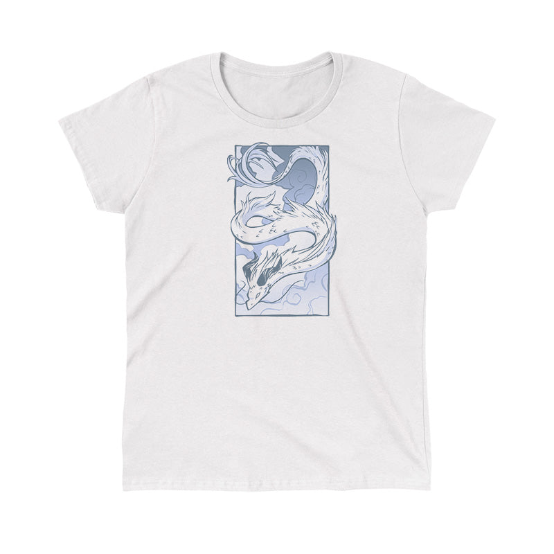 Classic Cotton T-shirt_TeeTurtle Cloud Dragon white t-shirt featuring a long, serpentine dragon with horns, coiled in the air against a cloudy sky background, drawn in monochromatic blue tones.
