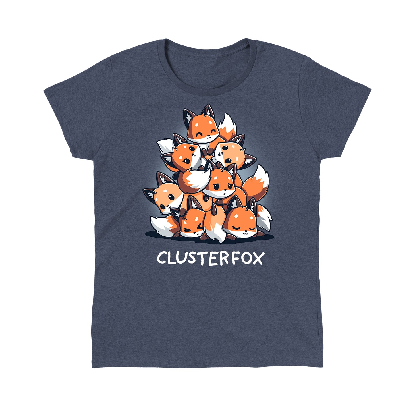 Classic Cotton T-shirt_TeeTurtle Clusterfox heather navy blue t-shirt featuring a group of foxes huddled together in a pyramid shape.