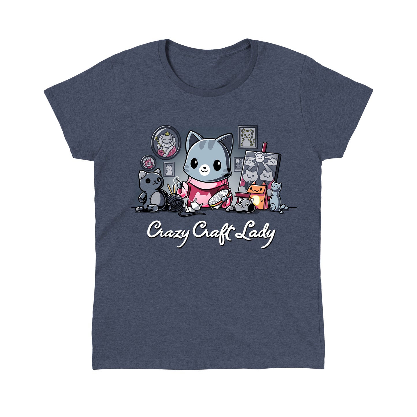 Classic Cotton T-shirt_TeeTurtle Crazy Craft Lady heather navy blue t-shirt featuring a cat enthusiastically working on various craft projects, surrounded by cat-themed items.