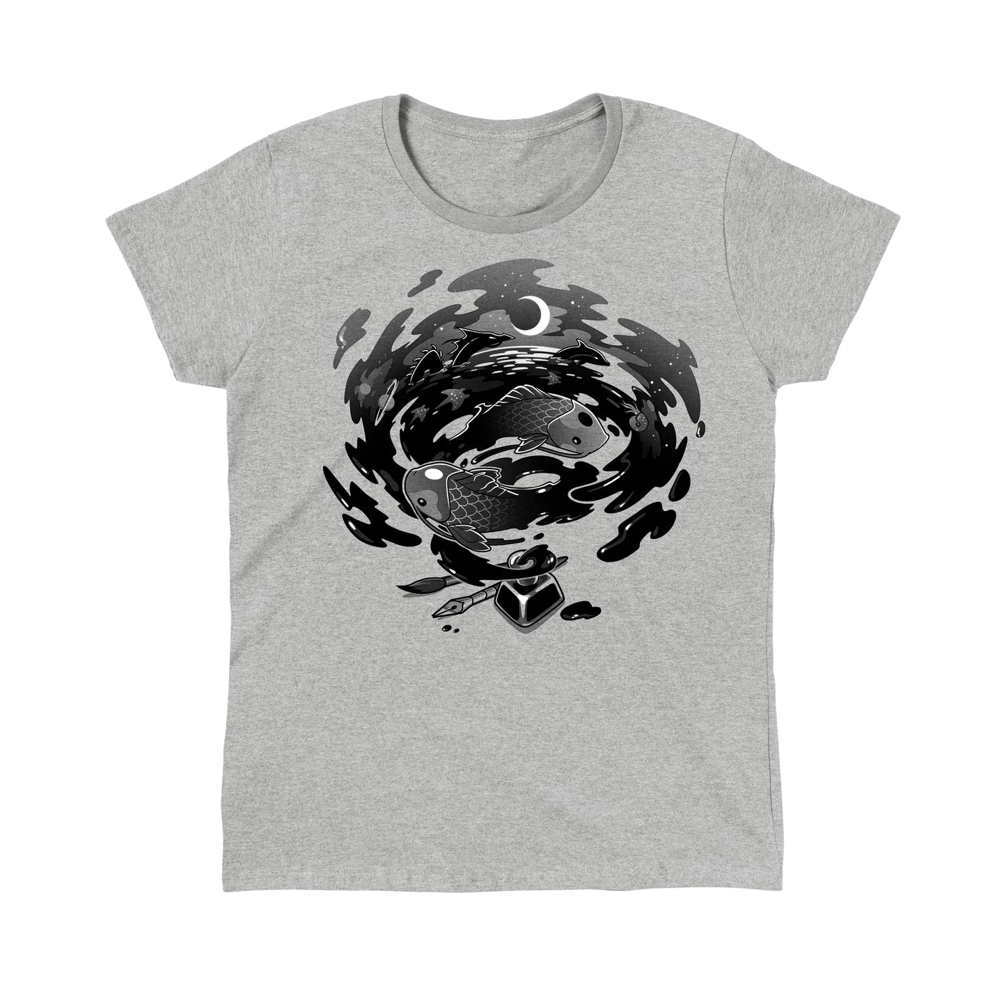 Classic Cotton T-shirt_TeeTurtle Creative Flow heather gray t-shirt featuring a swirling vortex of ink coming from an inkwell, with sea creatures and dragons swimming in it.
