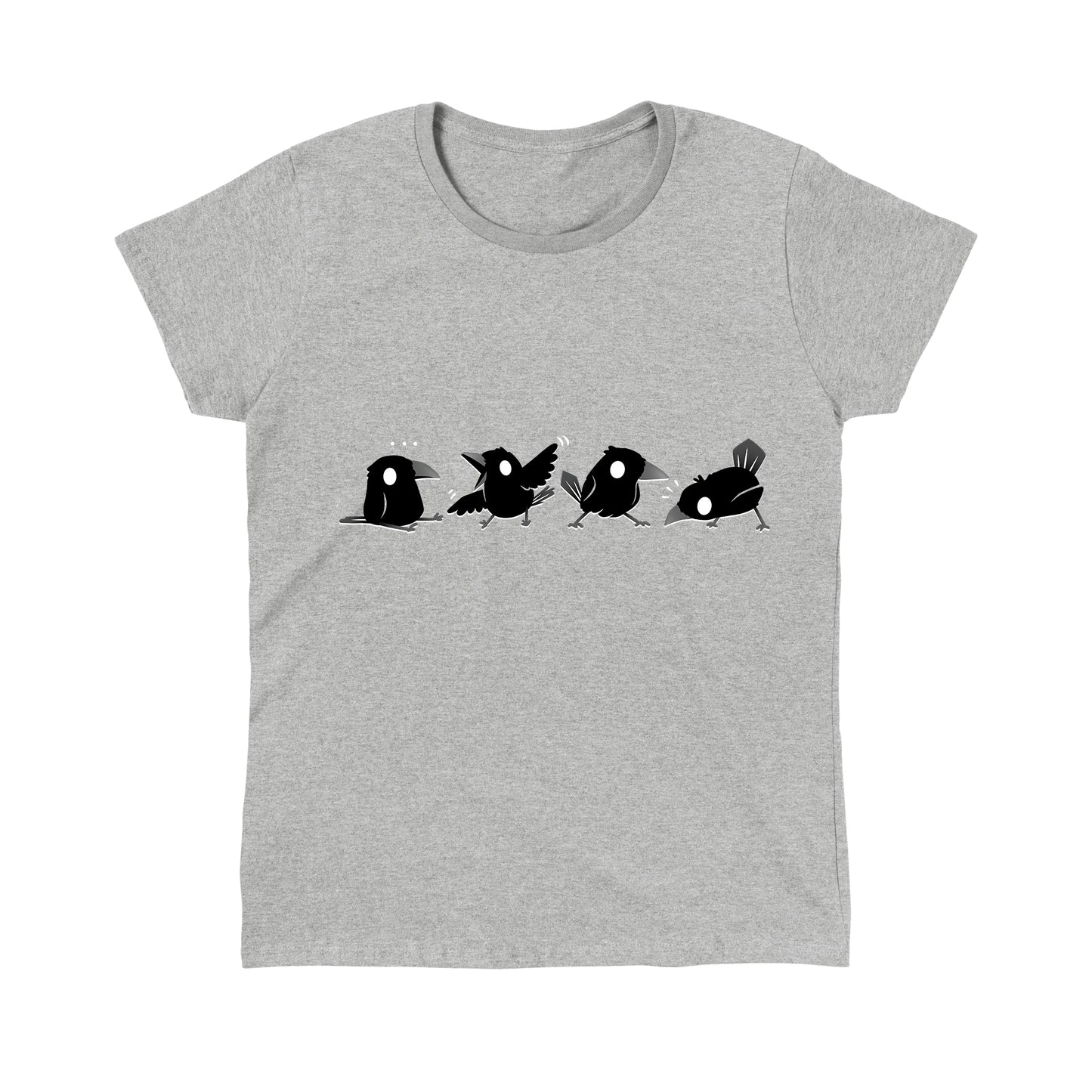 Classic Cotton T-shirt_TeeTurtle Crow Chatter heather gray t-shirt featuring four black crows with white eyes showing different playful poses.
