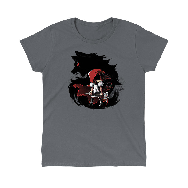 Classic Cotton T-shirt_TeeTurtle Dangerous charcoal gray t-shirt featuring a girl wearing a red riding hood holding an axe in front of a swirling silhouette of a wolf with a red eye, straight out of reading dark fairy tales.