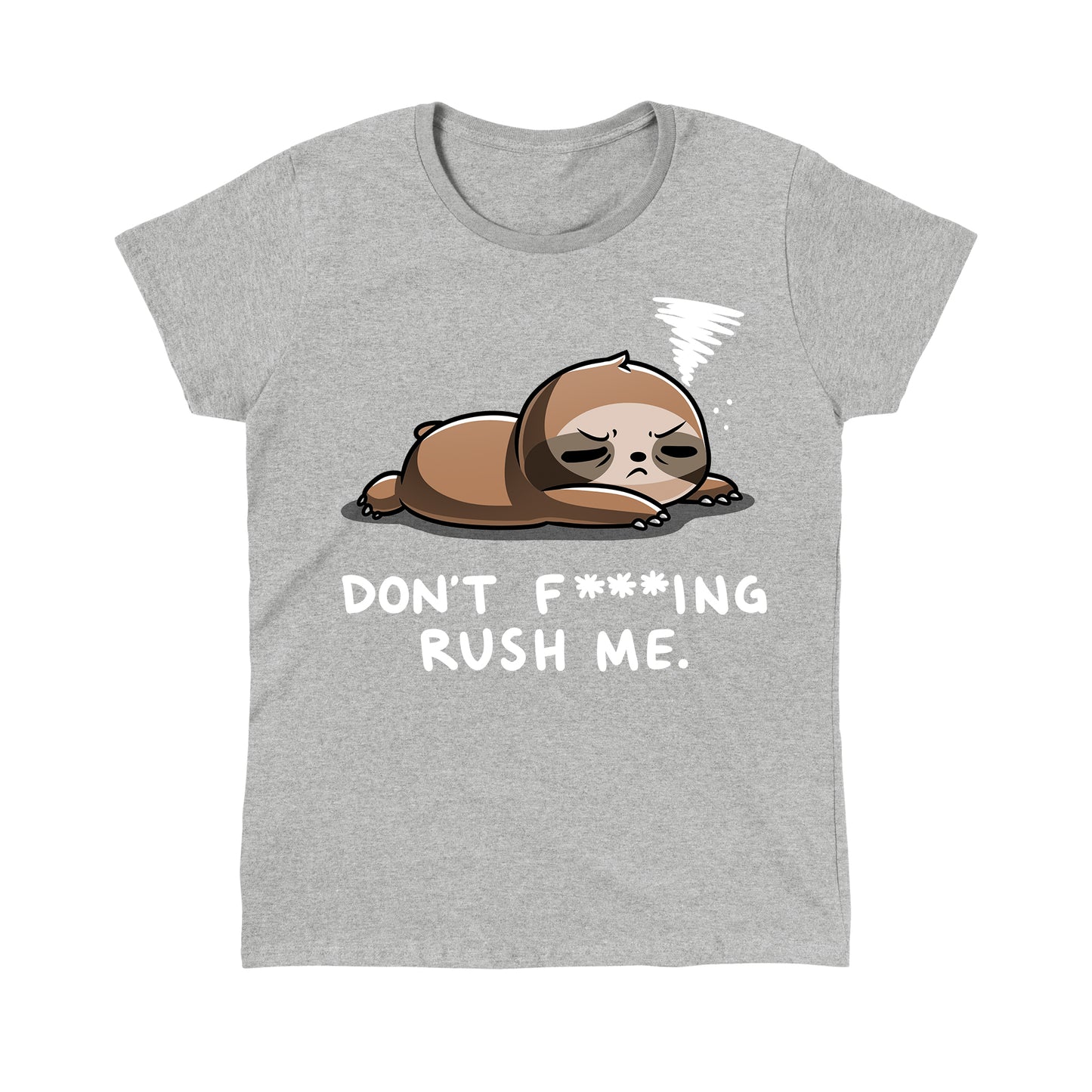 Classic Cotton T-shirt_TeeTurtle Don't F***ing Rush Me (Sloth) heather gray t-shirt featuring a sloth lying down with eyes half-closed, appearing tired. A small swirl above its head represents drowsiness. Text below reads, "DON'T F*ING RUSH ME."