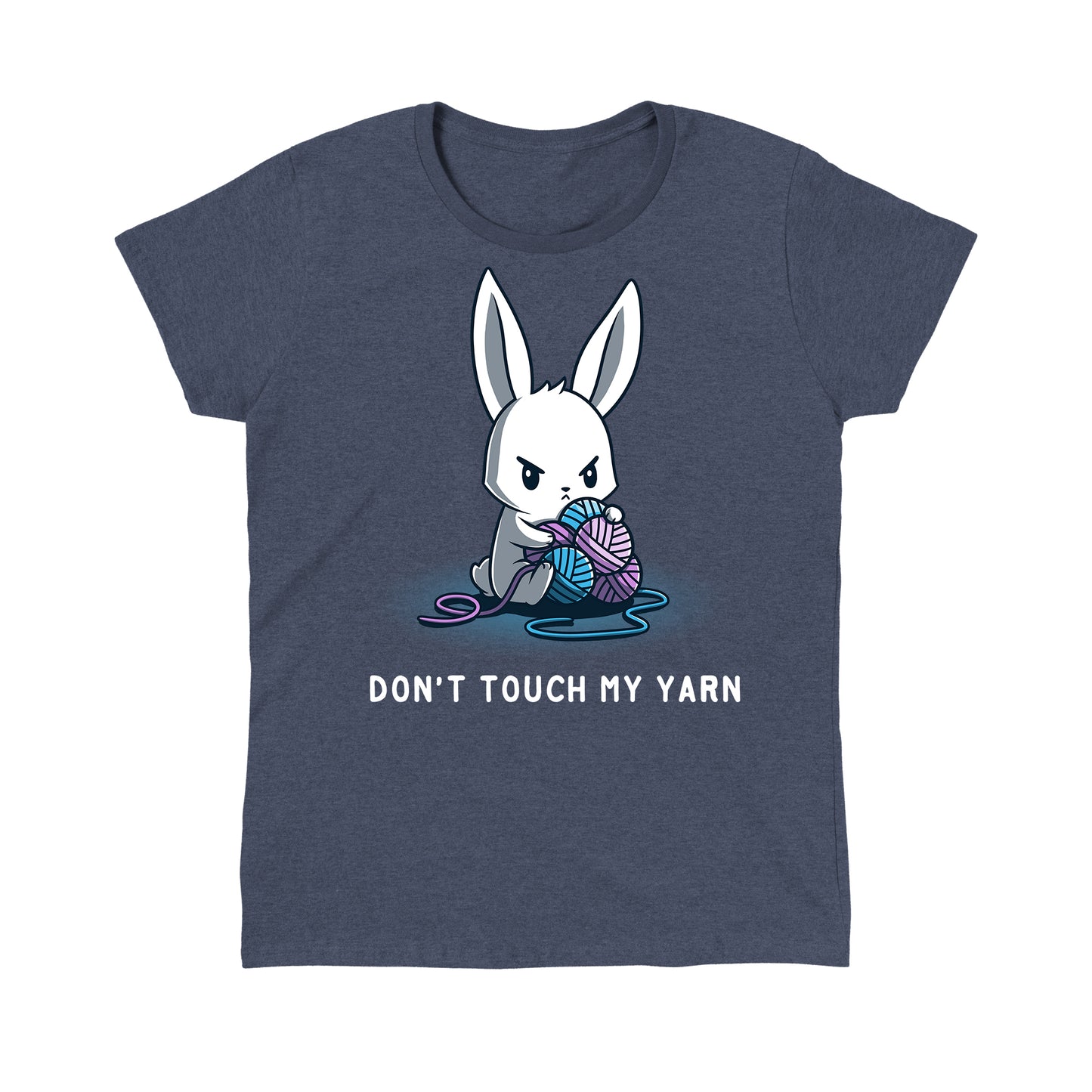 Classic Cotton T-shirt_Teeturtle heather navy Don't Touch My Yarn apparel featuring a white bunny with an angry expression, holding a blue and purple ball of yarn. The text below reads "Don't Touch My Yarn."