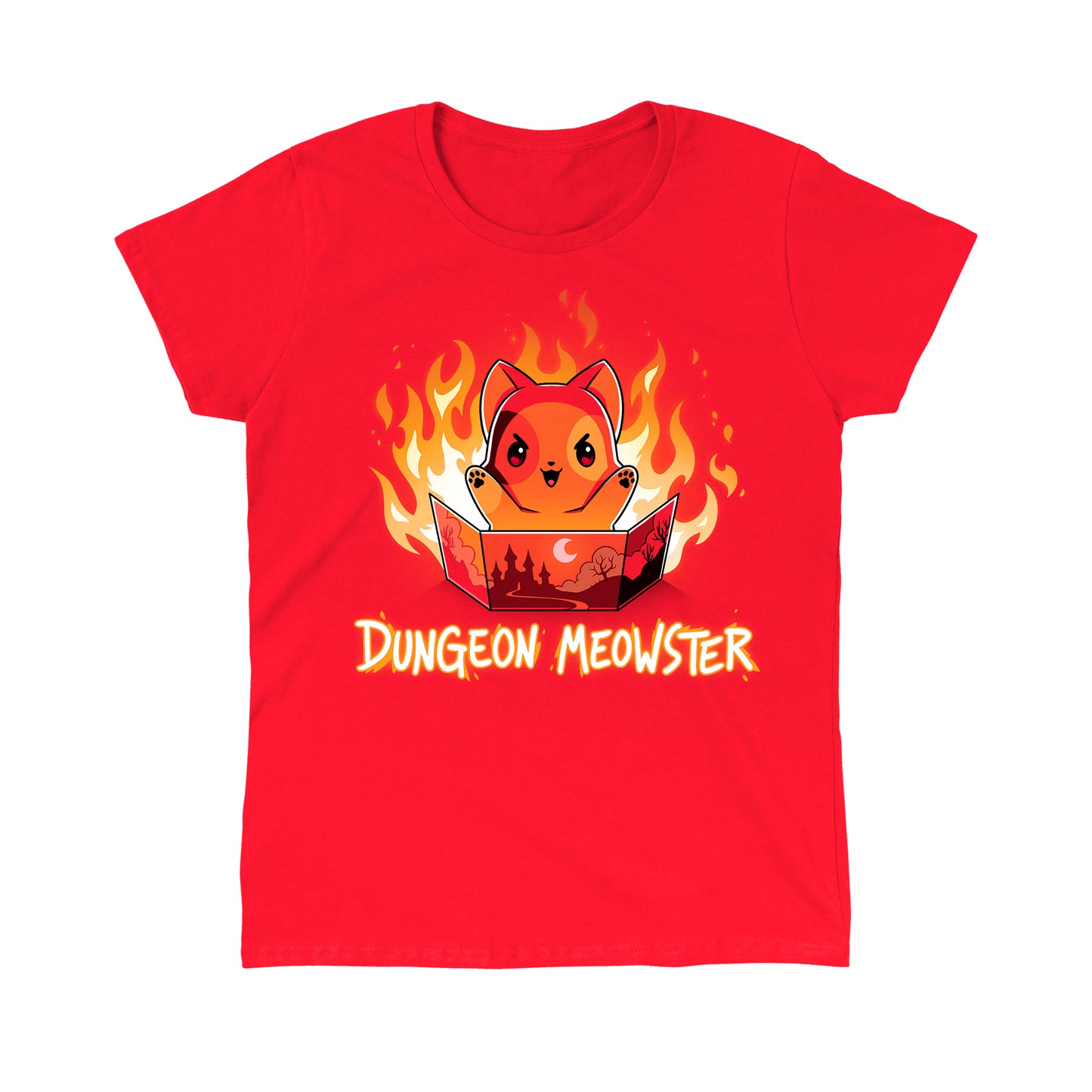 Classic Cotton T-shirt_TeeTurtle Dungeon Meowster red t-shirt featuring a cartoon red cat surrounded by flames with an evil look on its face holding a book that has a castle, moon and trees on the cover with Dungeon Meowster written underneath.