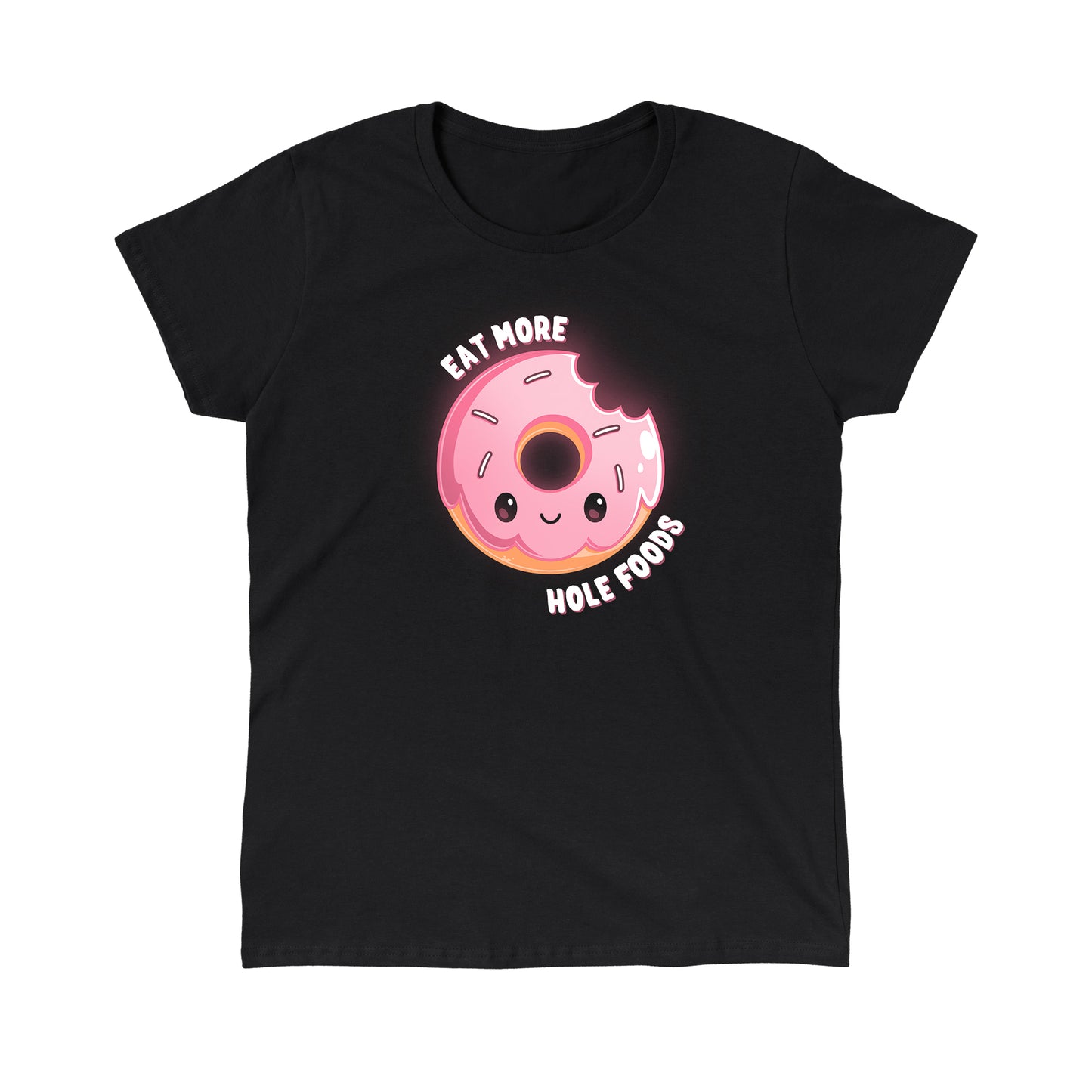 Classic Cotton T-shirt_TeeTurtle Eat More Hole Foods black t-shirt featuring a cute pink sprinkle donut with a bite taken out of it.