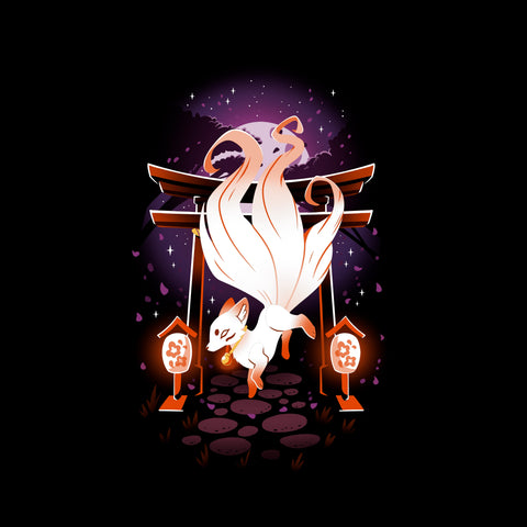 square-image-grid-Classic Cotton T-shirt_TeeTurtle black Enchanting Kitsune. Featuring a white kitsune in front of a Japanese temple gate.