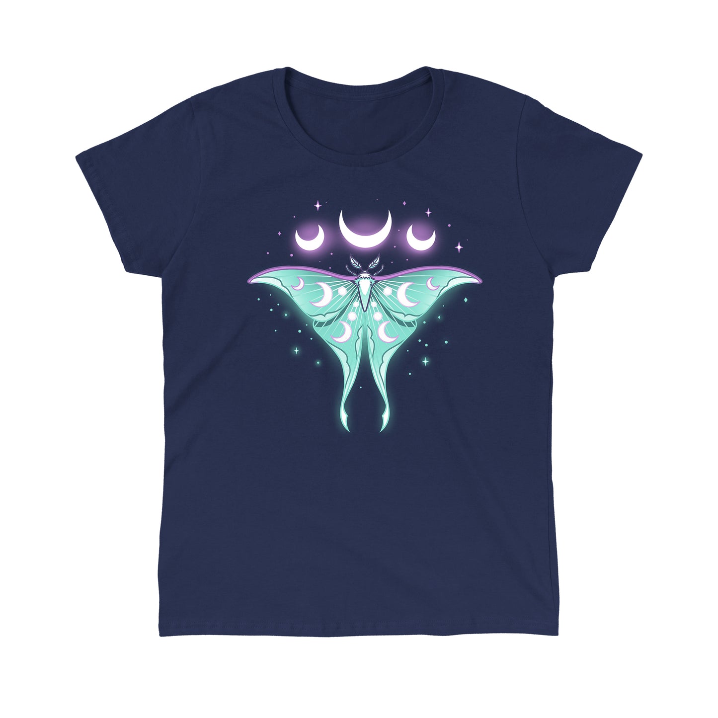 Classic Cotton T-shirt_TeeTurtle Ethereal Moth navy blue t-shirt featuring a celestial moth with moon phases on its wings, glowing against a dark background, surrounded by stars and crescent moons.