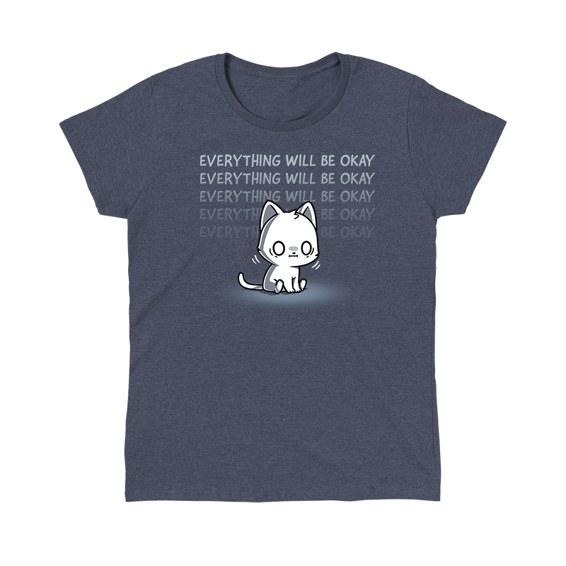 Classic Cotton T-shirt_TeeTurtle heather navy Everything Will Be Okay apparel featuring a white sitting cat with an anxious, shell-shocked expression and the caption, “Everything Will Be Okay“ repeated in the background.