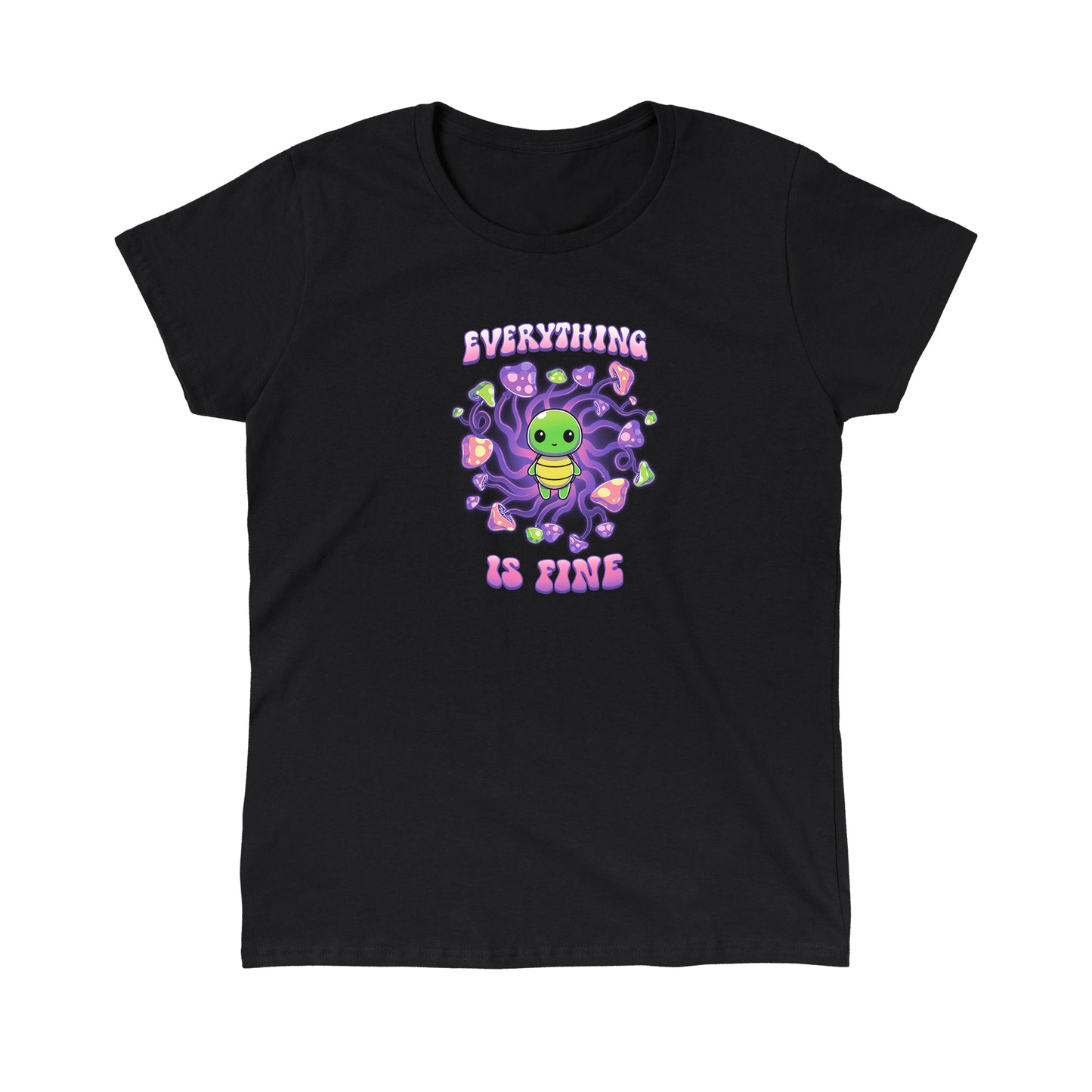 Classic Cotton T-shirt_TeeTurtle Everything is Fine black t-shirt featuring a kawaii green turtle standing in the center of a swirl of psychadelic mushrooms with the text "EVERYTHING IS FINE" which is written above and below the turtle in a purple and pink bubble font. The turtle shows no anxiety.