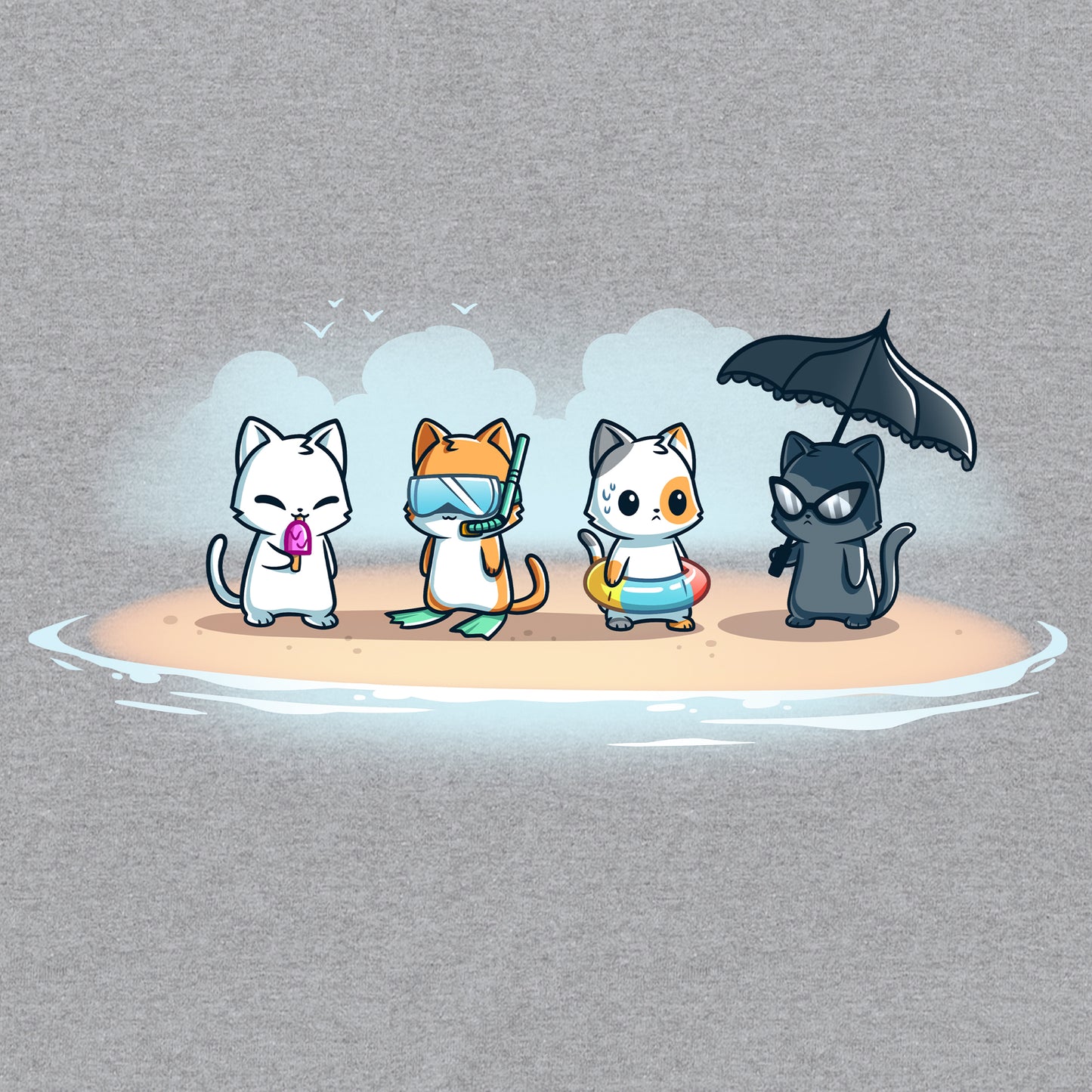 Pullover Hoodie_TeeTurtle heather gray Fun In The Sun apparel featuring a white cat eating a popsicle, an orange tabby with diving goggles, a calico cat wearing a floater, and a black cat with sunglasses holding a frilly black umbrella all standing on a beach.