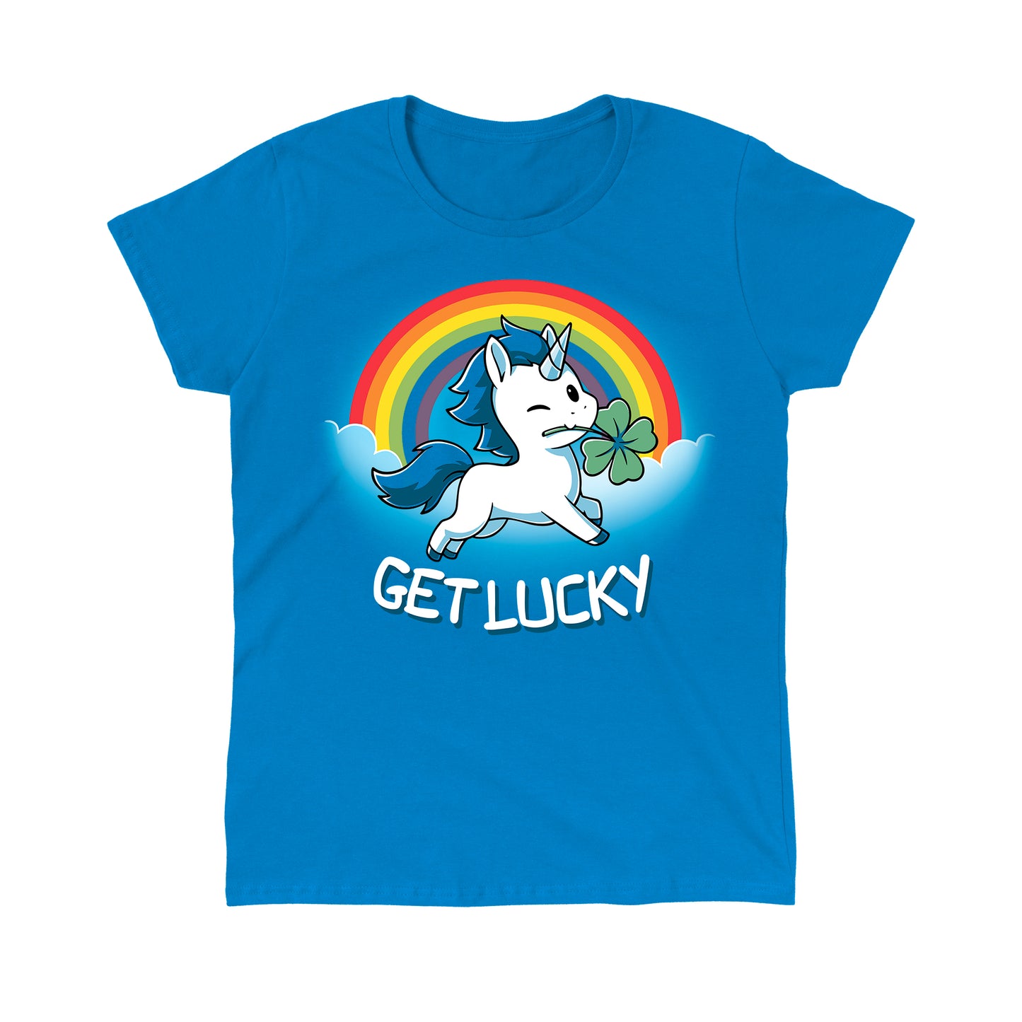 Classic Cotton T-shirt_Teeturtle Get Lucky sapphire blue t-shirt featuring a winking white unicorn holding a four-leaf clover while jumping through the clouds with a rainbow behind.