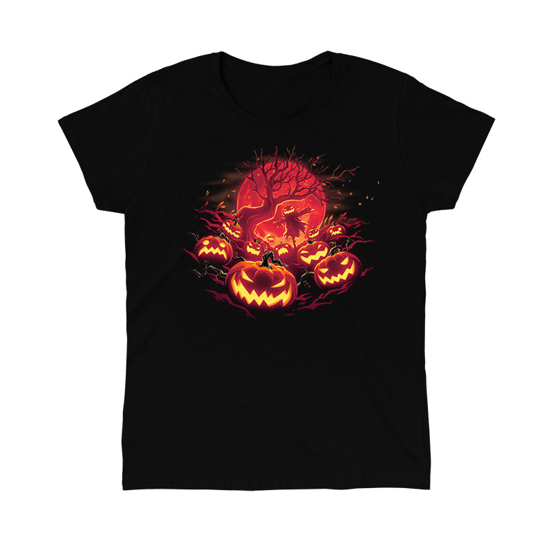 Classic Cotton T-shirt_TeeTurtle Haunted Pumpkin Patch black t-shirt featuring an illustration of glowing, orange-red jack-o-lanterns that show various expressions, such as mischievous grins and sinister scowls that surround a barren skeletal tree that reaches up out from the fiery full moon's edge. A scarecrow with a jack-o-lantern head stands in the center of the image below the branches amongst the pumpkins.