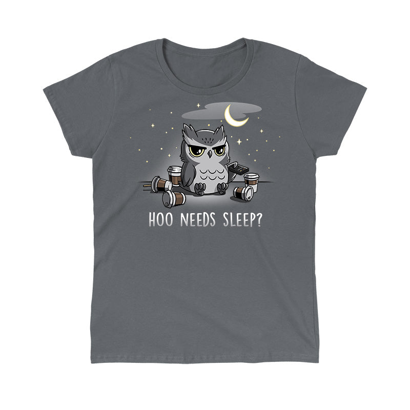Classic Cotton T-shirt_Teeturtle Hoo Needs Sleep? charcoal gray t-shirt featuring an owl sitting with coffee cups and a TV remote, under a night sky with stars and a crescent moon. The text below reads "Hoo Needs Sleep?"
