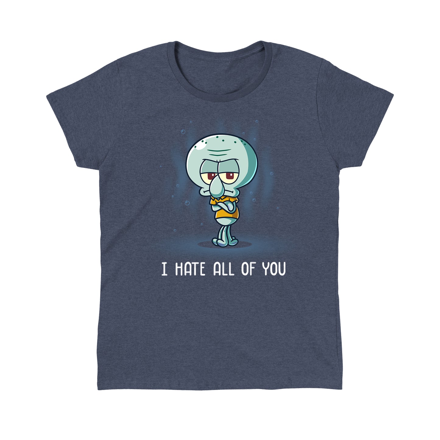 Classic Cotton T-shirt_TeeTurtle heather navy I Hate All of You apparel featuring a grumpy Squidward Tentacles with his arms crossed.