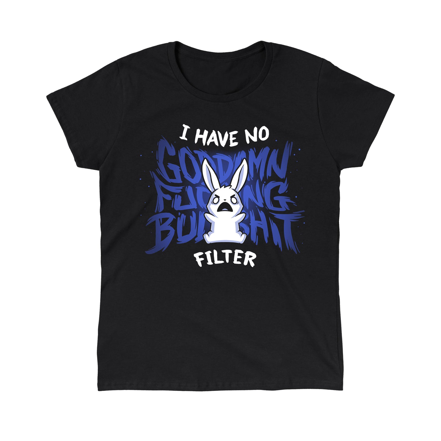 Classic Cotton T-shirt_TeeTurtle I Have No F***ing Filter black t-shirt featuring an angry cartoon rabbit yelling with the text "I have no" and several swear words blocked by its body, then " filter" written in bold, chaotic blue letters in the background.