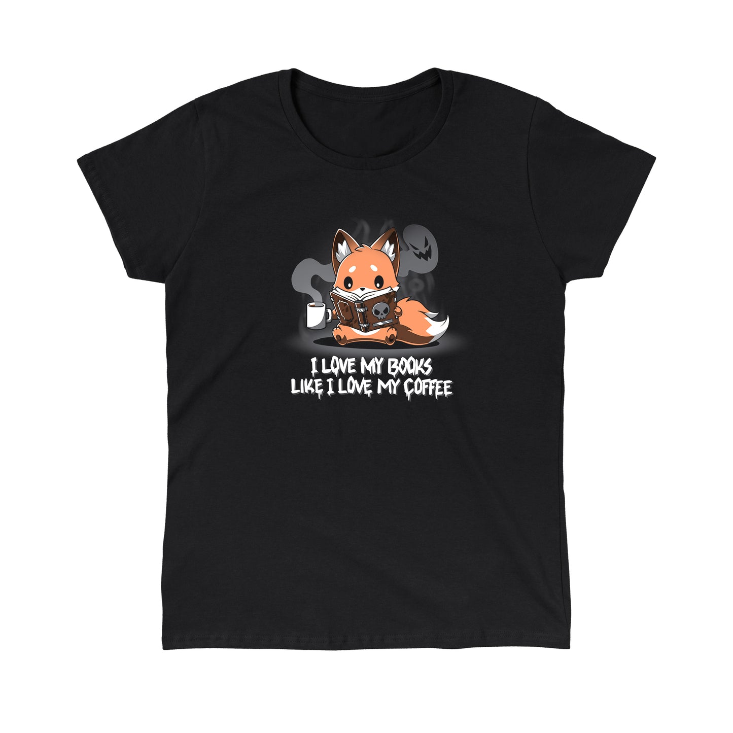 Classic Cotton T-shirt_Teeturtle black I Love My Books Like I Love My Coffee apparel featuring a fox holding a coffee cup with spooky steam and reading a book with a skull on the cover. Text below reads: "I love my books like I love my coffee."