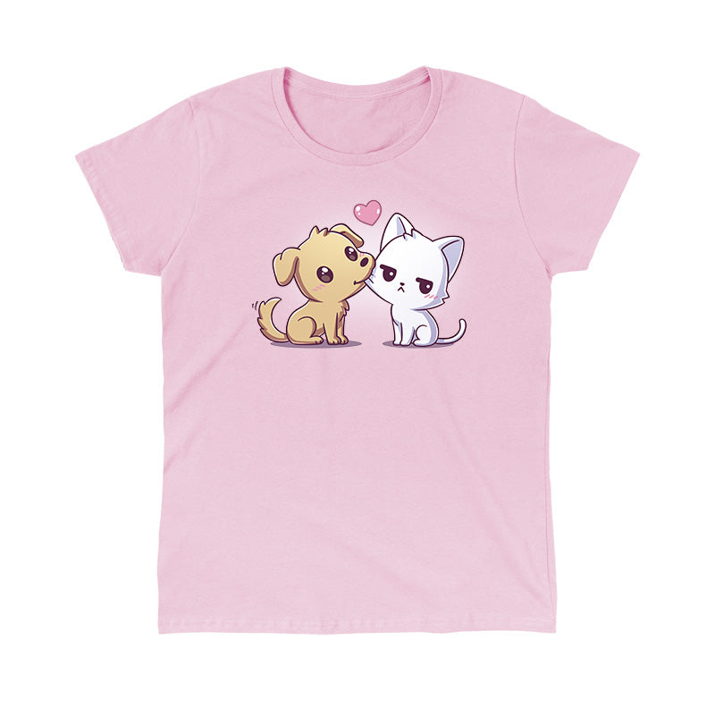 Classic Cotton T-shirt_TeeTurtle light pink I Woof You apparel featuring a dog tugging on a grumpy cat's cheek with its mouth.