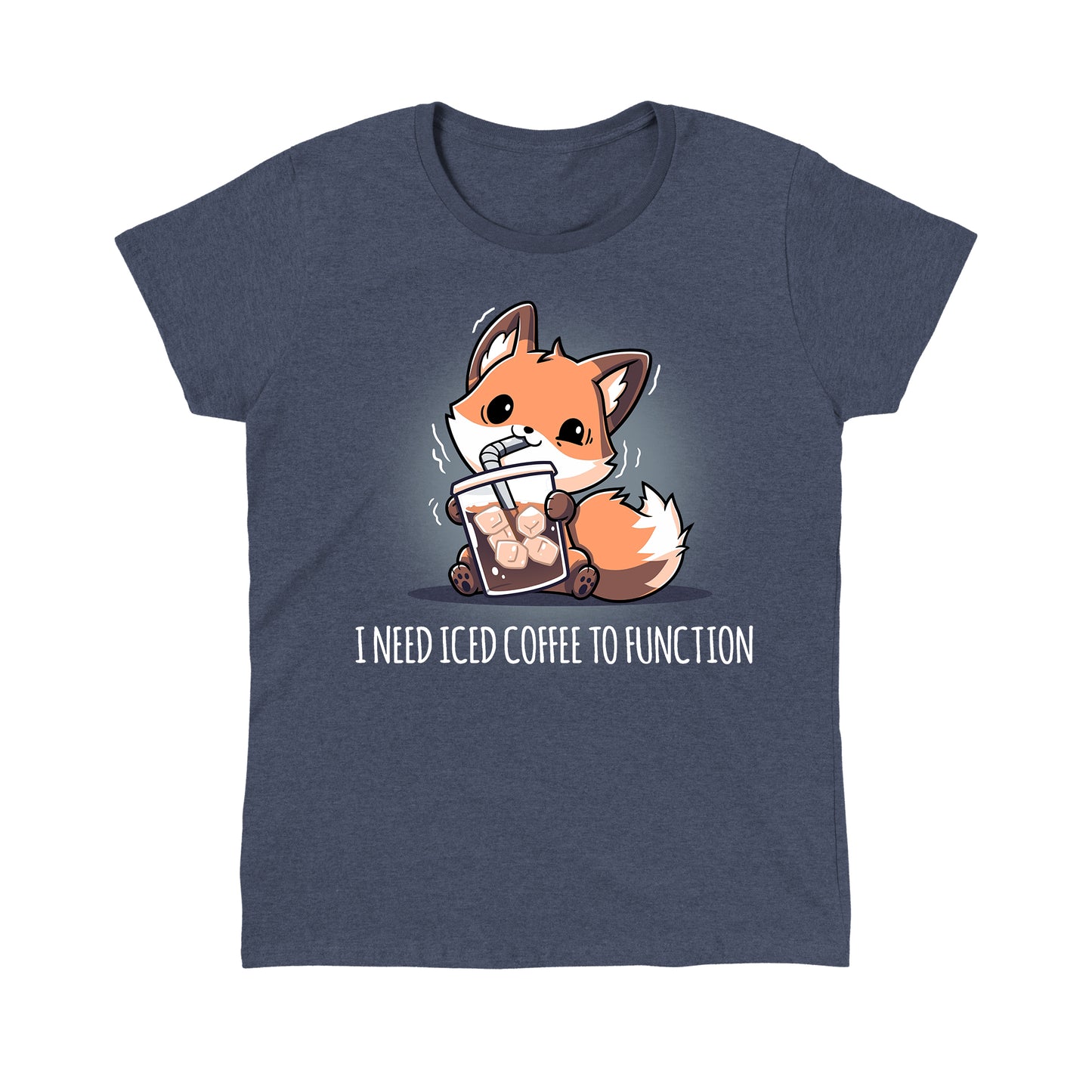Classic Cotton T-shirt_TeeTurtle I Need Iced Coffee to Function heather navy blue t-shirt featuring a fox holding a cup of iced coffee.