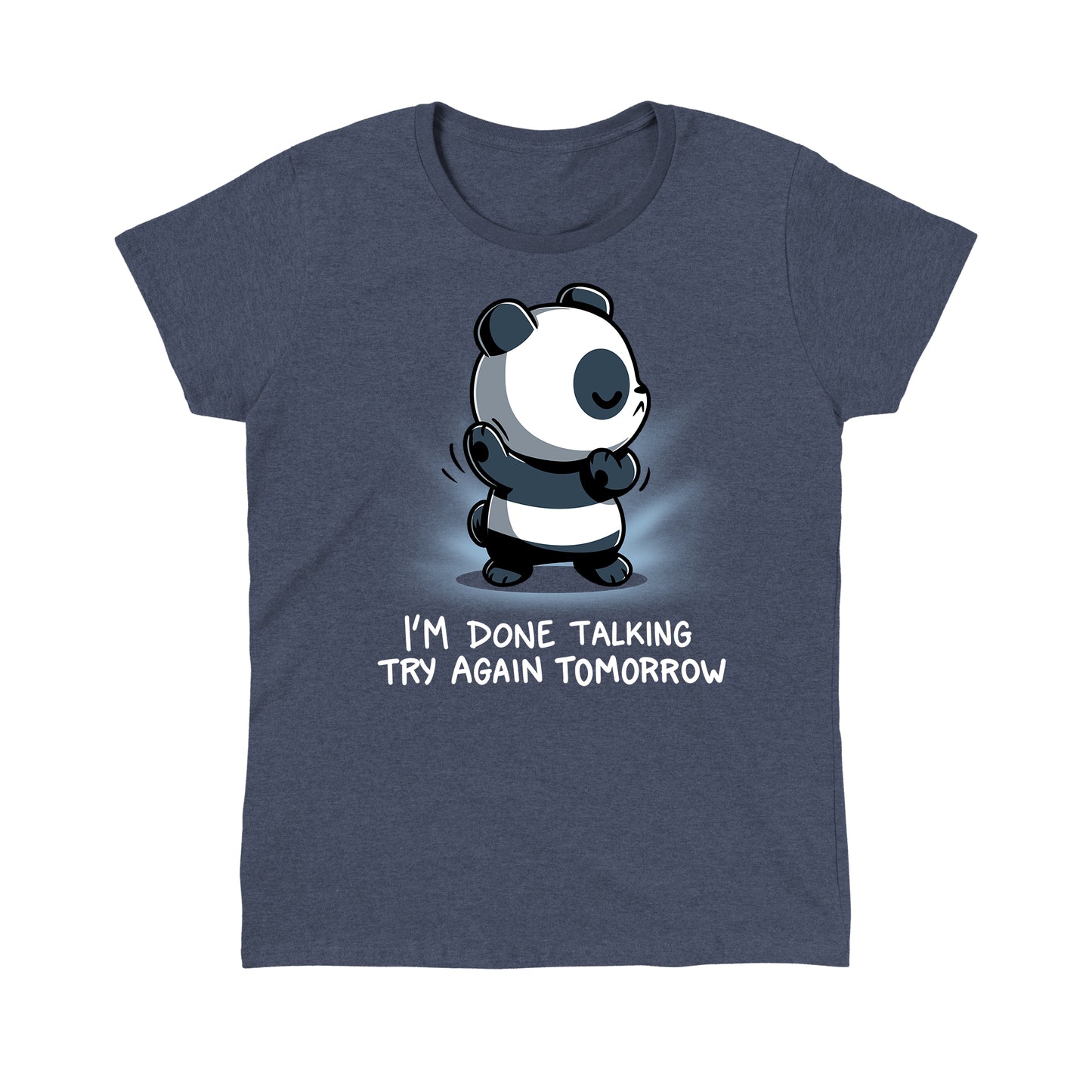 Classic Cotton T-shirt_TeeTurtle I'm Done Talking Heather Navy t-shirt featuring an illustration of a panda with its eyes closed and arms up, accompanied by the text, "I'M DONE TALKING TRY AGAIN TOMORROW.