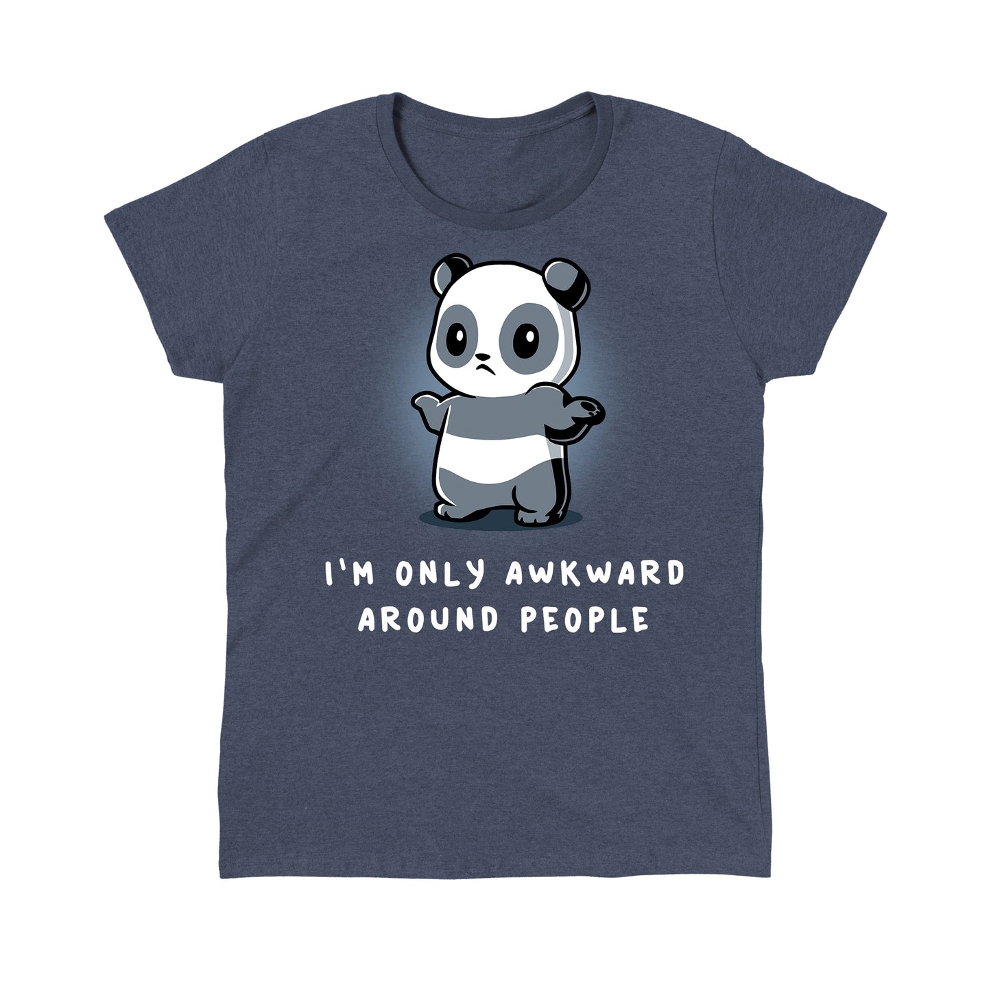 Classic Cotton T-shirt_TeeTurtle I'm Only Awkward Around People heather navy blue t-shirt featuring a panda standing with a shy expression and arms slightly raised.