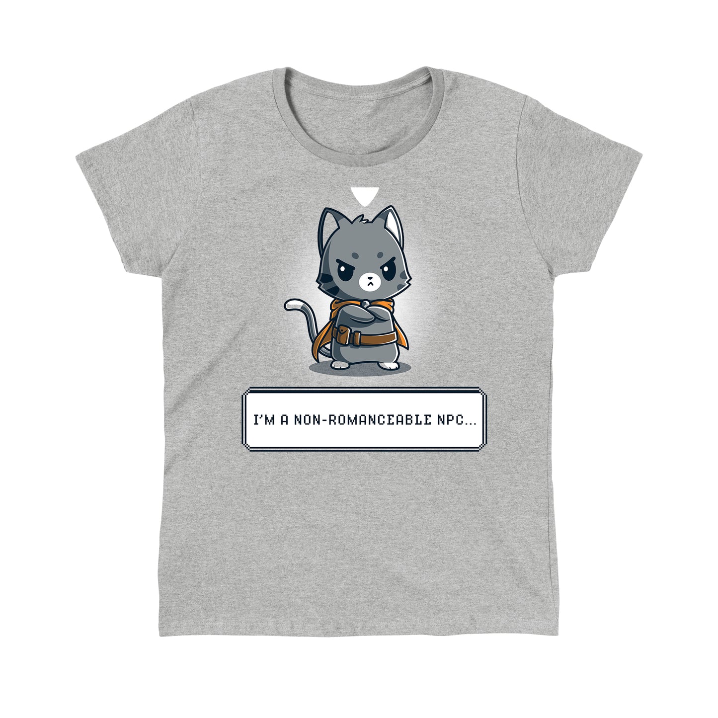 Classic Cotton T-shirt_TeeTurtle I'm a Non-Romanceable NPC heather gray t-shirt featuring a cartoon grey cat character with a cape standing with an annoyed expression and crossed arms. Text below reads, "I'M A NON-ROMANCEABLE NPC."