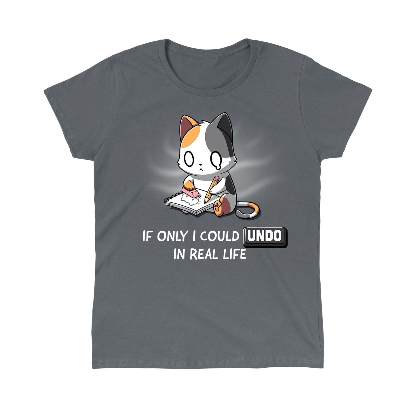 Classic Cotton T-shirt_TeeTurtle If Only I Could Undo in Real Life charcoal gray t-shirt featuring an illustration of a sad cartoon cat erasing a drawing, with "IF ONLY I COULD UNDO IN REAL LIFE" written underneath.