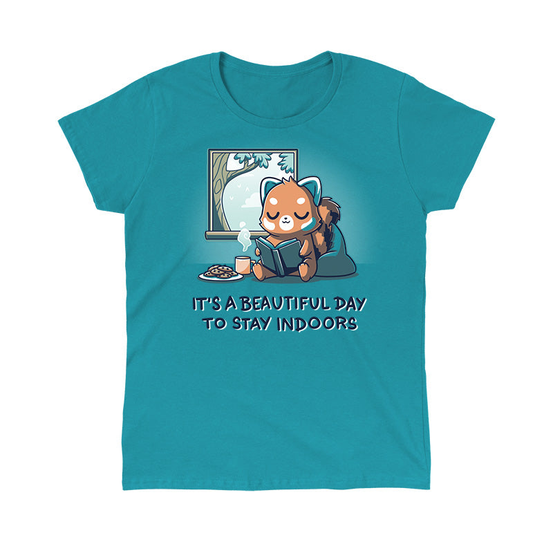 Classic Cotton T-shirt_TeeTurtle It's a Beautiful Day to Stay Indoors tropical blue t-shirt featuring a red panda, sitting on a bean bag chair, reading a book next to a window. A plate of cookies and a steaming cup are beside the panda. Text below reads, "It's a beautiful day to stay indoors."