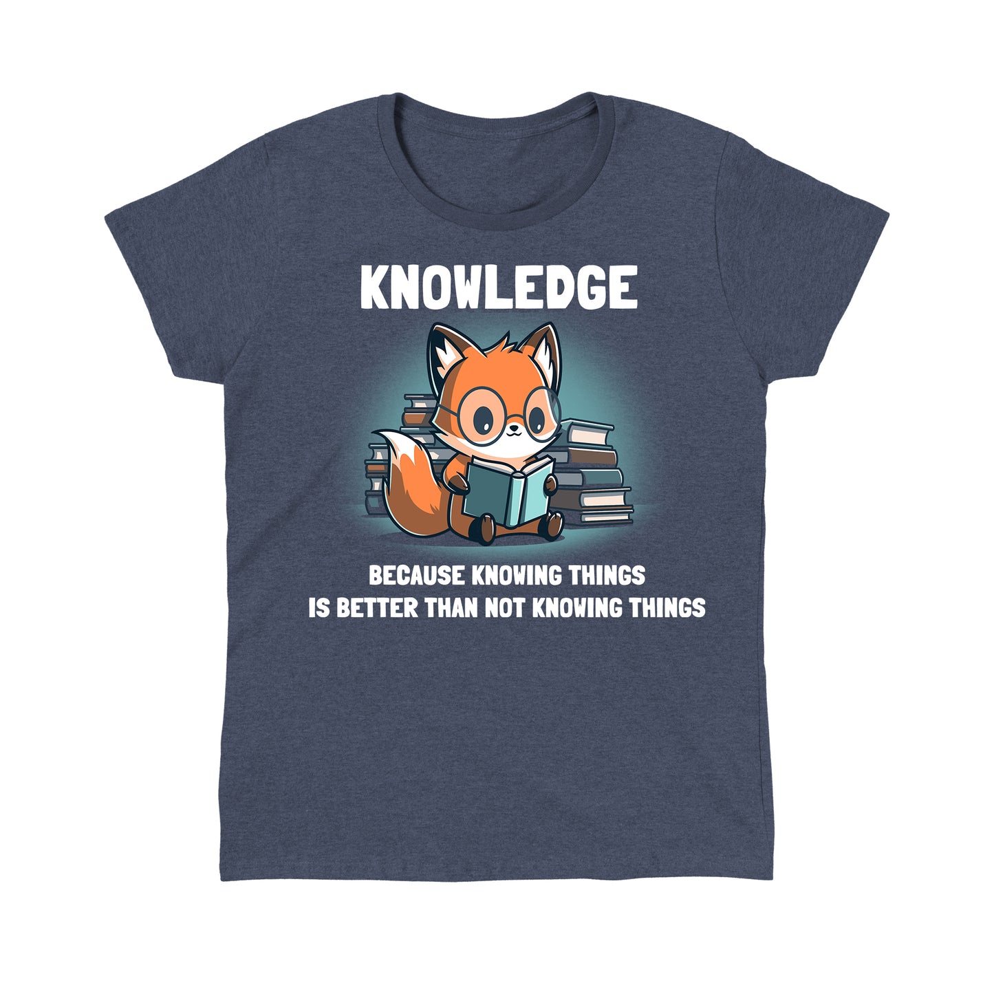 Classic Cotton T-shirt _TeeTurtle Knowing Things Heather Navy Blue t-shirt featuring a fox wearing glasses, reading a book, with stacks of books behind it.