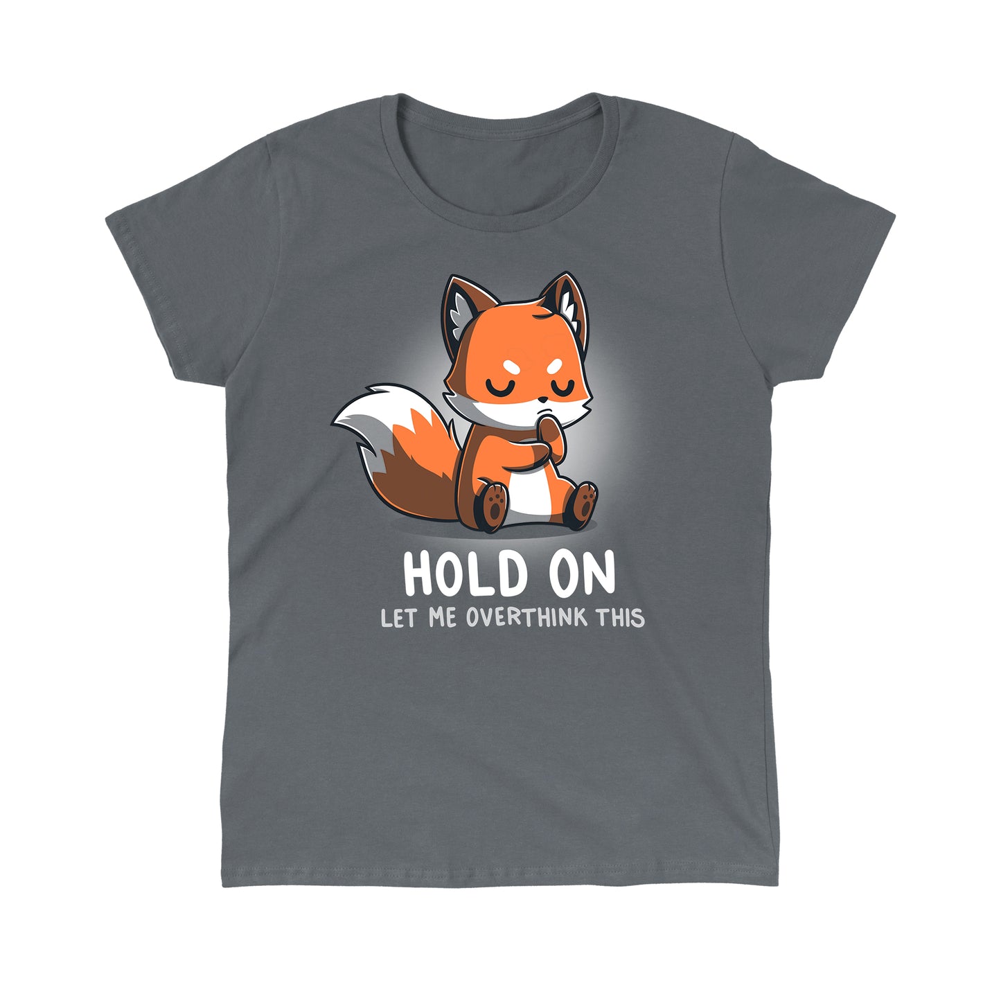 Classic Cotton T-shirt_TeeTurtle Let Me Overthink This charcoal gray t-shirt featuring a fox sitting with eyes closed and paws together, appearing deep in thought. The text below reads, "hold on, let me overthink this."