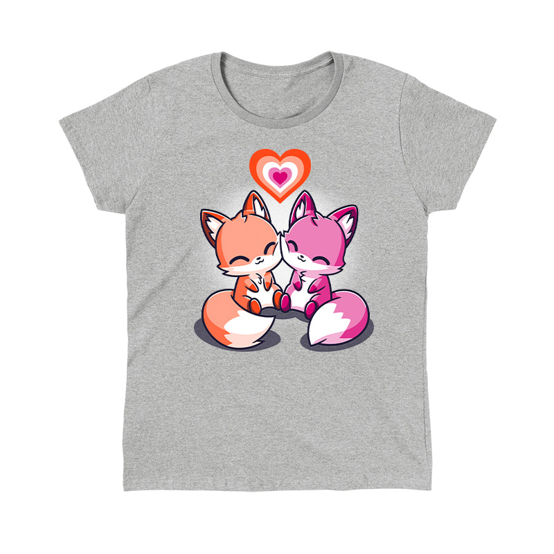 Classic Cotton T-shirt_TeeTurtle Love Out Loud heather gray t-shirt featuring one orange fox and one pink fox smiling and pressing their cheeks together with a pride flag heart above them.