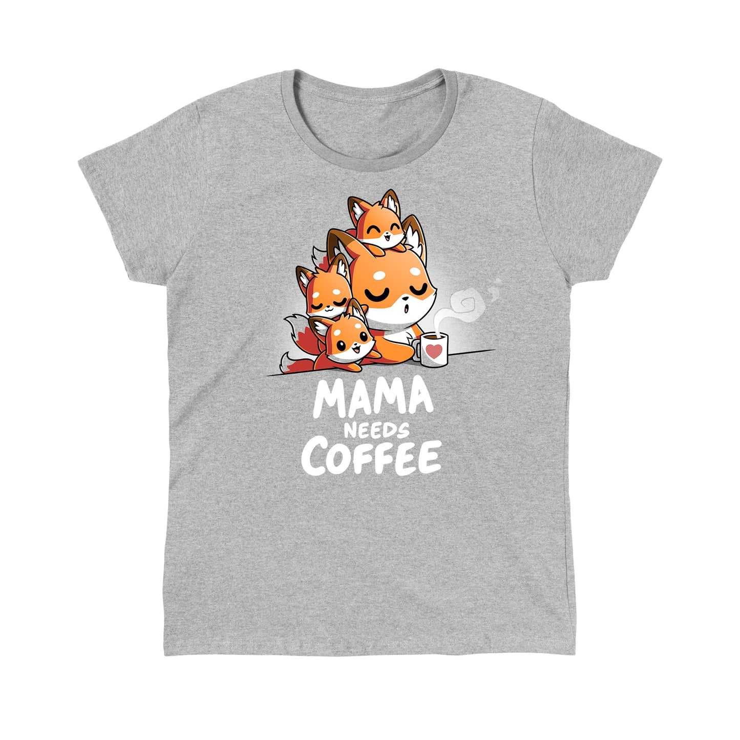 Classic Cotton T-shirt_TeeTurtle- Mama Needs Coffee Heather Gray t-shirt featuring illustration of a tired fox holding a coffee mug on gray background, with three small foxes climbing on her.