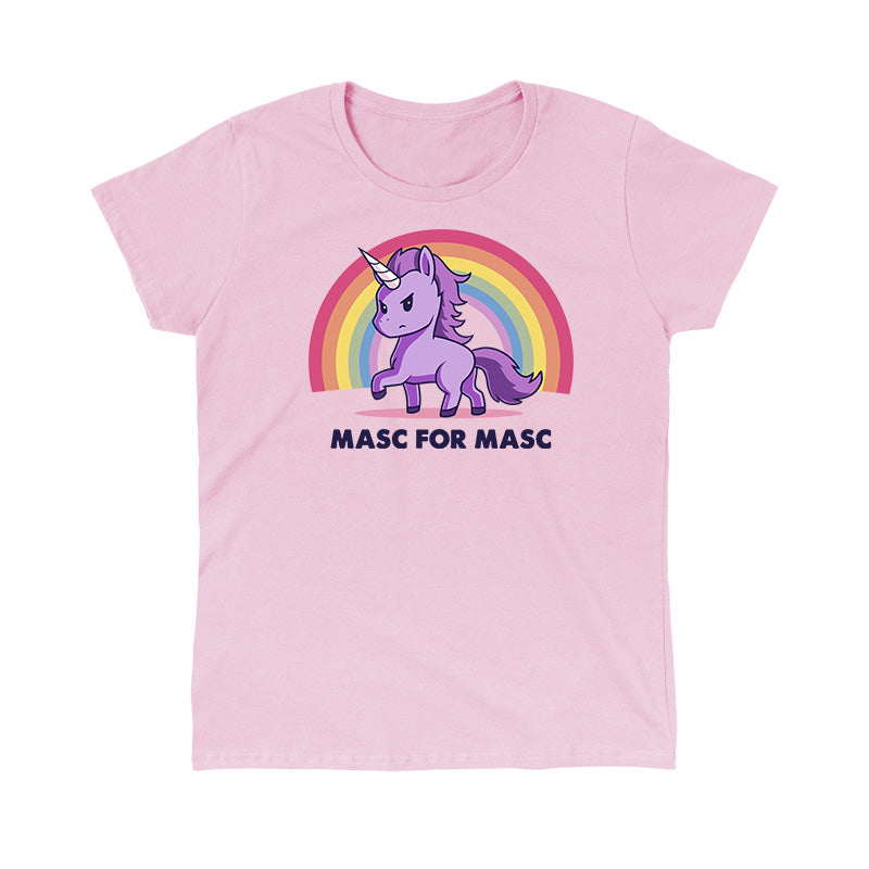 Classic Cotton T-shirt_TeeTurtle light pink Masc for Masc apparel featuring a purple unicorn with a serious expression standing in front of a rainbow. Caption reads, "MASC FOR MASC".