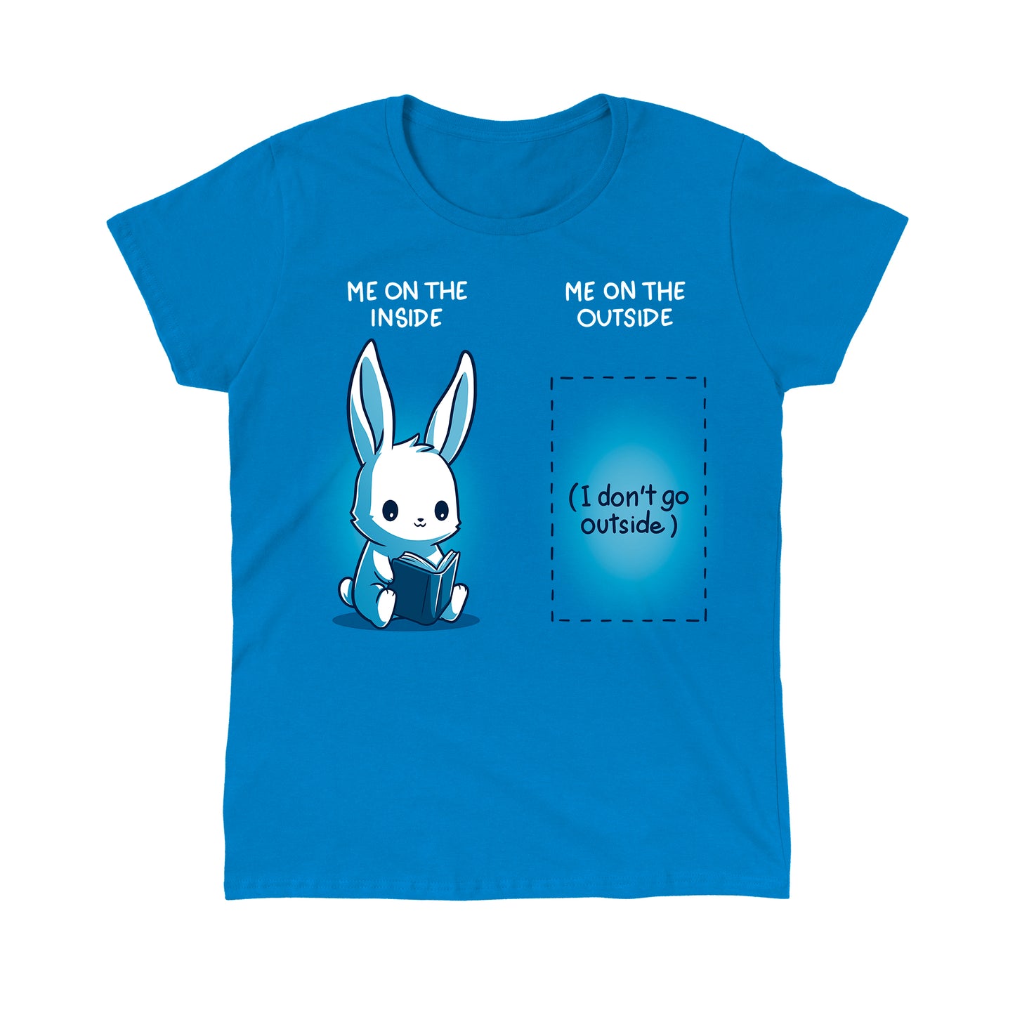 Classic Cotton T-shirt_TeeTurtle Me On The Inside, Me On The Outside Sapphire Blue t-shirt featuring an illustration of a cute bunny reading a book with text: "Me on the inside." On the right, a blank space with text: "Me on the outside (I don't go outside)."