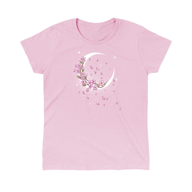 Classic Cotton T-shirt_TeeTurtle light pink Moon Blossoms apparel featuring an artistic crescent moon with cherry blossoms on it and petals all around.