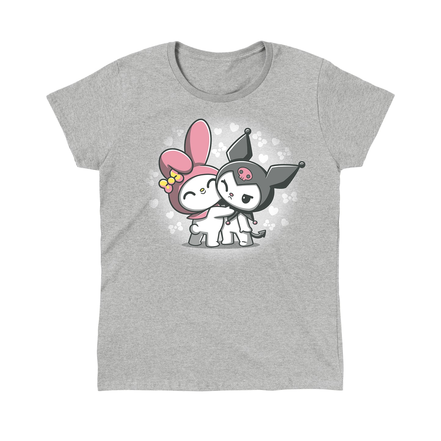 Classic Cotton T-shirt_Two licensed Sanrio My Melody and Kuromi characters hugging each other.