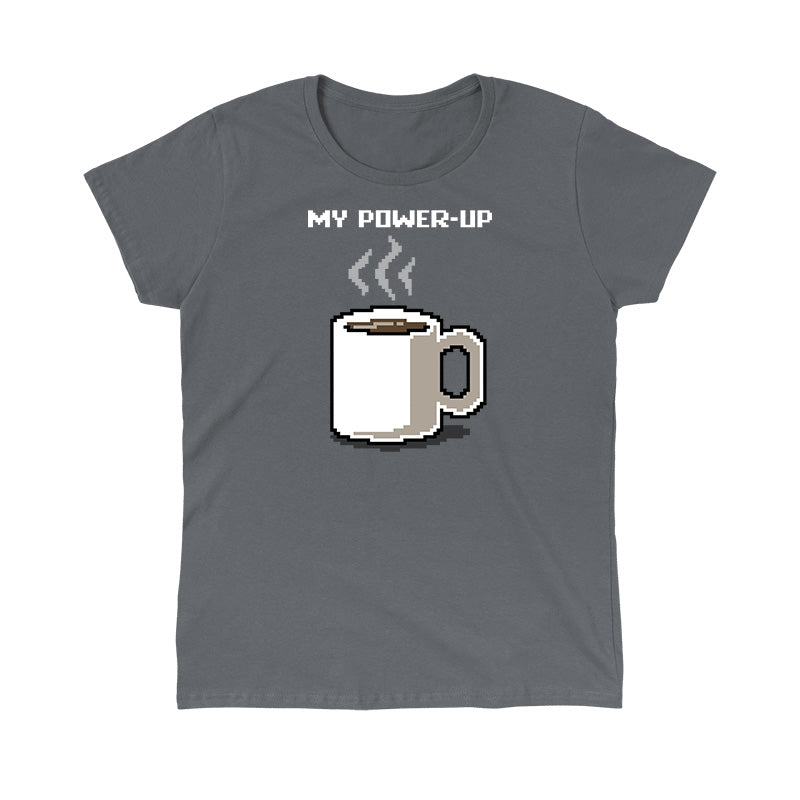Classic Cotton T-shirt_TeeTurtle My Power Up charcoal grey t-shirt featuring a steaming mug of morning coffee.