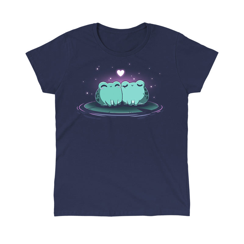 Classic Cotton T-shirt_TeeTurtle Hoppy Together navy blue t-shirt featuring two cute green frogs sitting together on a lily pad, surrounded by glowing stars with a floating heart above them.