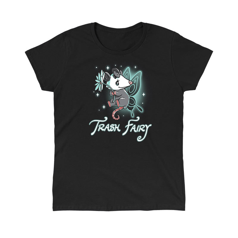 Classic Cotton T-shirt_TeeTurtle black Trash Fairy apparel featuring a magical possum with fairy wings holding a flower. Caption says, "trash fairy".