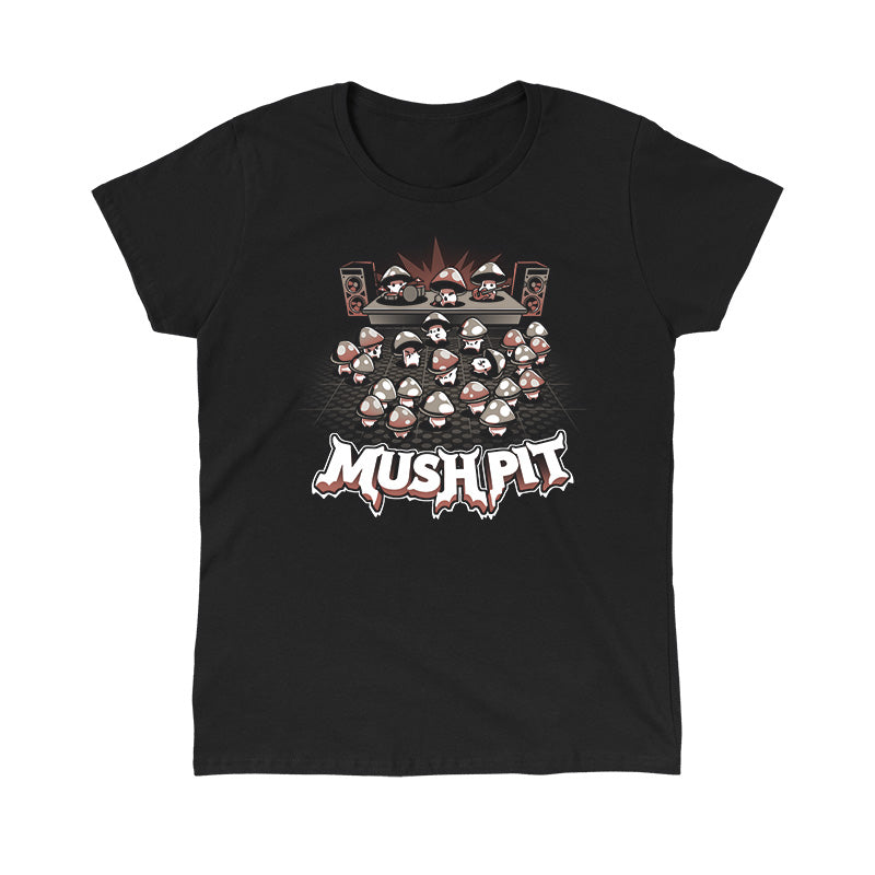 Classic Cotton T-shirt_TeeTurtle black Mush Pit apparel featuring a mushroom rock band playing in front of a bunch of dancing and moshing mushrooms.