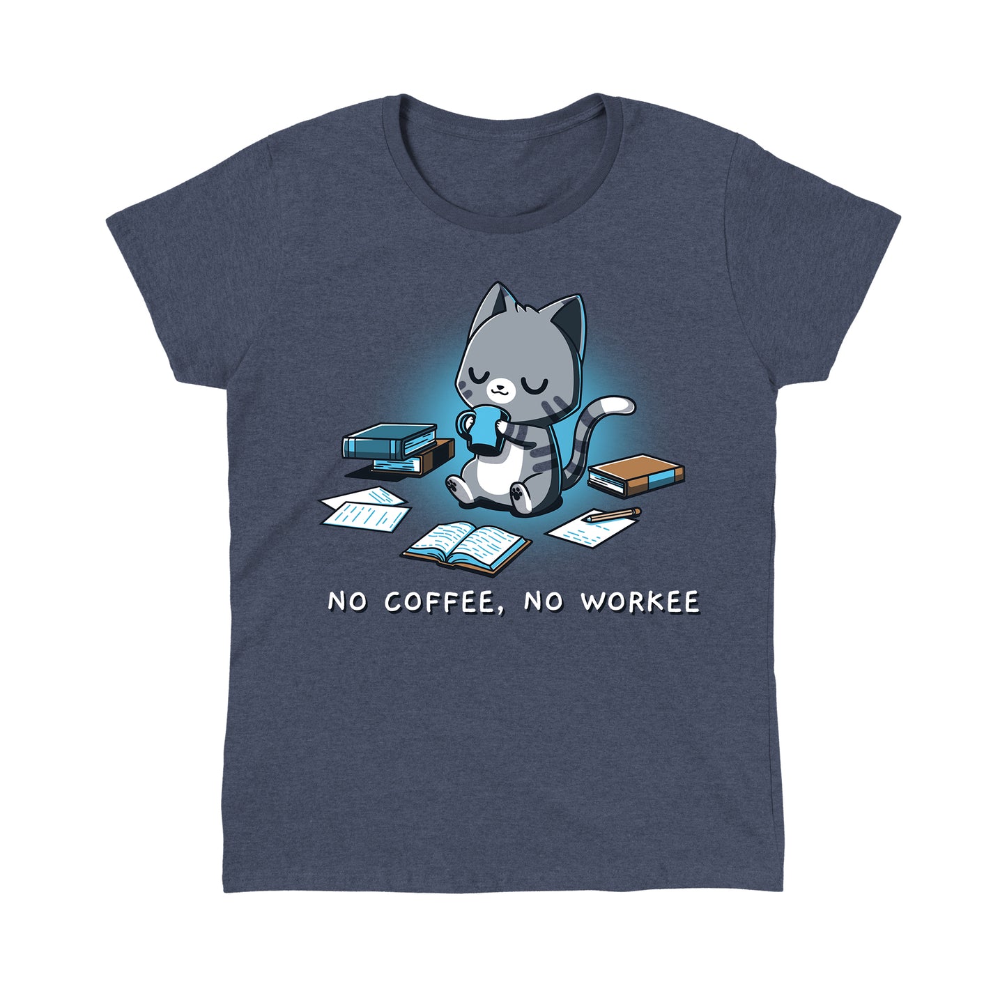 Classic Cotton T-shirt_TeeTurtle No Coffee No Workee Heather Navy t-shirt featuring a cartoon cat holding a coffee cup, surrounded by books and papers. Text reads "No Coffee No Workee"