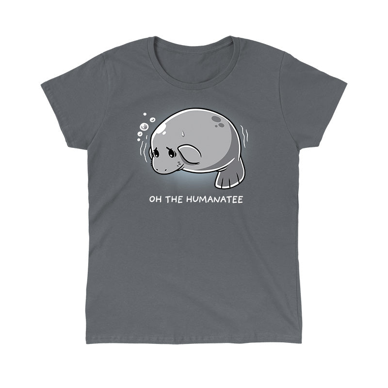 Classic Cotton T-shirt_TeeTurtle Oh The Humanatee charcoal gray t-shirt featuring a manatee with a sad expression and bubbles above its head.
