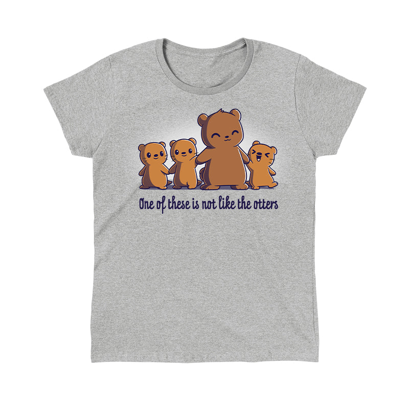 Classic Cotton T-shirt_TeeTurtle One of These is Not Like the Otters heather gray t-shirt featuring three small brown otters and one larger brown bear smiling and standing side by side holding hands with two otters, with the caption "One of these is not like the otters" in cute kawaii script.