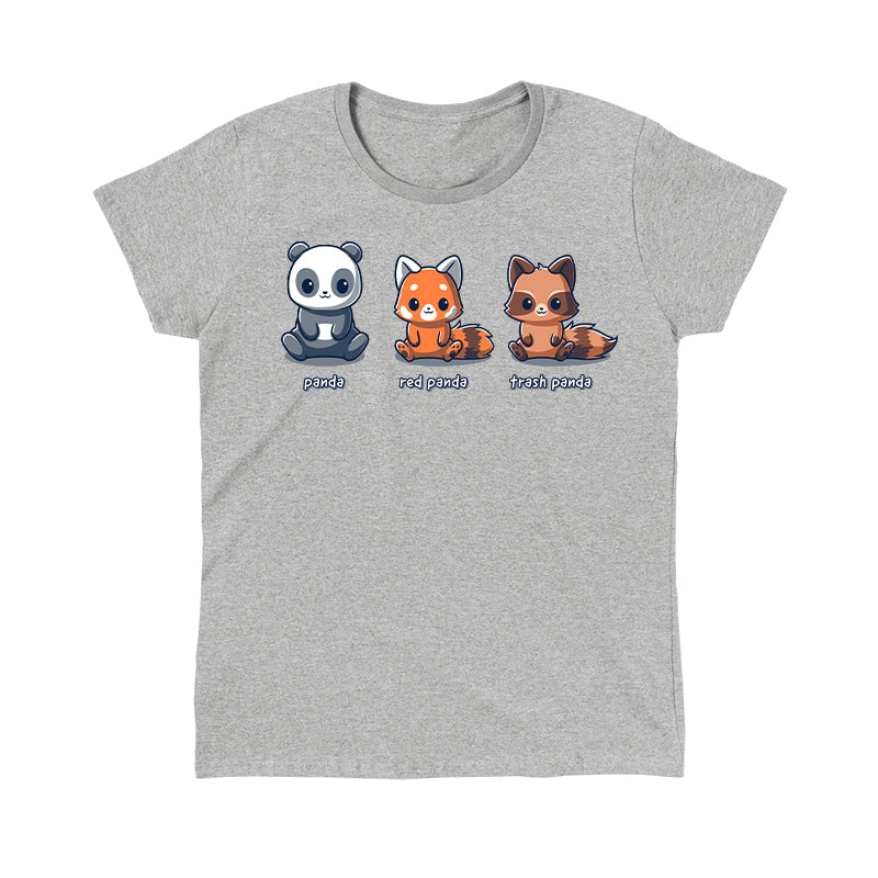 Classic Cotton T-shirt_TeeTurtle Panda, Red Panda, Trash Panda heather gray t-shirt featuring a panda, red panda, and raccoon sitting next to each other.