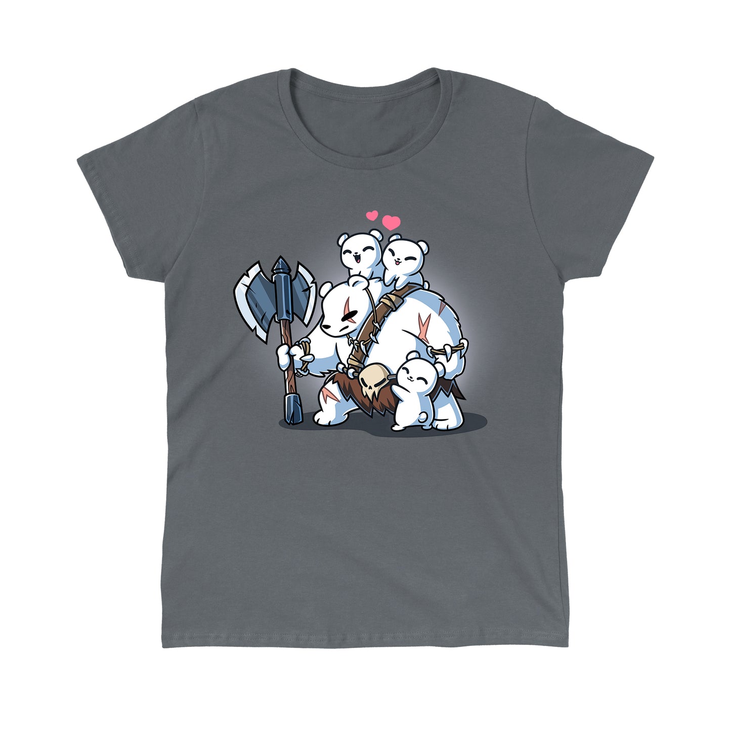 Classic Cotton T-shirt_TeeTurtle charcoal gray Polar Protector apparel featuring a scarred parent polar bear in a primal warrior outfit holding a large axe with happy polar bear cubs climbing over him.